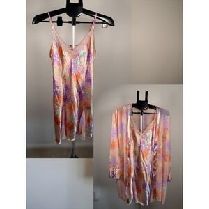 Vintage Delicates Floral Sexy Robe and Slip Coquette Peach Purple Lace Medium